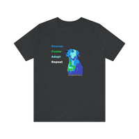 Blue Rescue, Foster, Adopt, Repeat Tee - Image of a dark grey short sleeve jersey t-shirt with a multi-colored dog (terrier/mutt) head and chest looking up next to words in colors that match the dog - Rescue (blue) Foster (green) Adopt (teal) Repeat (white) 