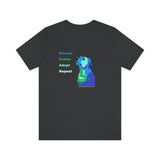 Blue Rescue, Foster, Adopt, Repeat Tee - Image of a dark grey short sleeve jersey t-shirt with a multi-colored dog (terrier/mutt) head and chest looking up next to words in colors that match the dog - Rescue (blue) Foster (green) Adopt (teal) Repeat (white) 