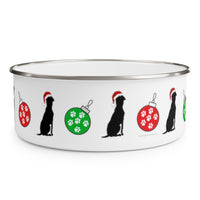 Holiday Santa Paws Enamel Bowl – Image Description – This white enamel bowl with a silver rim has our “guy and his dog” black silhouette wearing a red Santa hat sitting around the bowl alternating with bright red and bright green Christmas balls decorated with white paw prints. 
