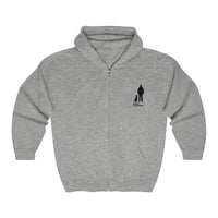 Best Friend Full Zip Hooded Sweatshirt - Image Description: Full Zip Grey Hooded Sweatshirt with a black silhouette of a dog sitting next to a guy standing with words Best Friend under the dog and guy. 