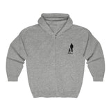 Best Friend Full Zip Hooded Sweatshirt - Image Description: Full Zip Grey Hooded Sweatshirt with a black silhouette of a dog sitting next to a guy standing with words Best Friend under the dog and guy. 
