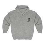 Best Friend Full Zip Hooded Sweatshirt - Image Description: Full Zip Grey Hooded Sweatshirt with a black silhouette of a dog sitting next to a guy standing with words Best Friend under the dog and guy. 