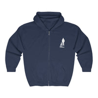 Best Friend Full Zip Hooded Sweatshirt - Image Description: Full Zip Navy Hooded Sweatshirt with a white silhouette of a dog sitting next to a guy standing with words Best Friend under the dog and guy.