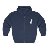 Best Friend Full Zip Hooded Sweatshirt - Image Description: Full Zip Navy Hooded Sweatshirt with a white silhouette of a dog sitting next to a guy standing with words Best Friend under the dog and guy.