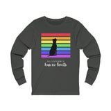 Acceptance Has No Limits Jersey Tee Grey  long sleeve t-shirt  with a black dog sitting in front of 7 horizontal lines  in the rainbow colors with the phrase Acceptance has not limits underneath.