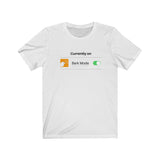 Currently On - Bark Mode Jersey Tee - Image Description - White t-shirt. Currently On is above an orange square showing a white Great Pyrenees barking dog head, with Bark Mode, and then an image of a toggle turned on.
