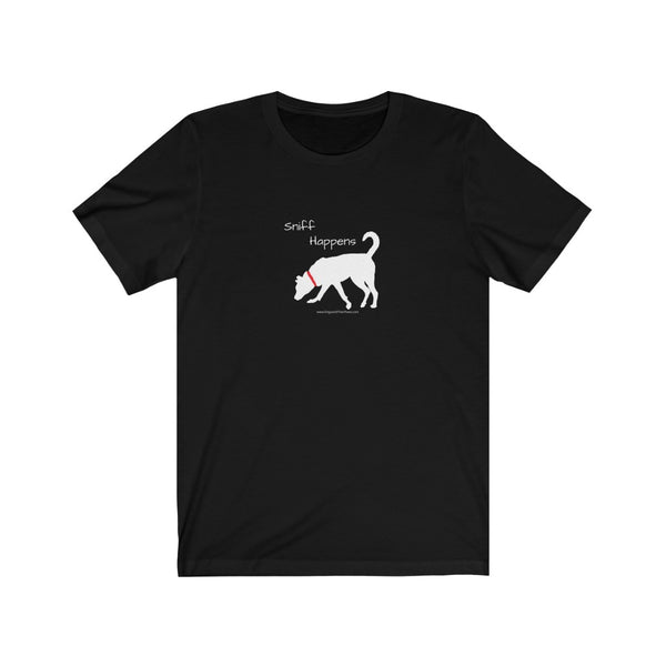 Sniff Happens Jersey Tee - Image Description - a black t-shirt with white text Sniff Happens above a white silhouette of a dog wearing a red collar sniffing.