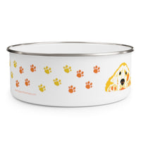 Golden Enamel Bowl – Image Description – This enamel bowl has 4 sets of yellow and orange paw prints angled up from bottom to top. On the far right of this white enamel bowl with a silver rim is the head and front paws of a resting golden retriever in yellow, orange and, white with black accents.