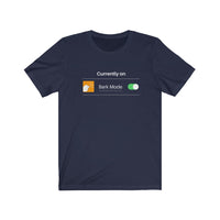 Currently On - Bark Mode Jersey Tee - Image Description - Navy t-shirt. Currently On is above an orange square showing a white Great Pyrenees barking dog head, with Bark Mode, and then an image of a toggle turned on.