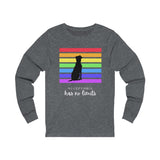 Acceptance Has No Limits Jersey Tee Heather Grey long sleeve t-shirt  with a black dog sitting in front of 7 horizontal lines  in the rainbow colors with the phrase Acceptance has not limits underneath.