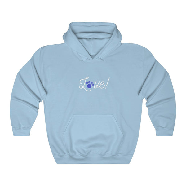 Love Script Paw Print Hooded Sweatshirt - Light blue hoodie with the word Love! is white script above a kangaroo pouch. The O in the word love is a royal blue paw print.