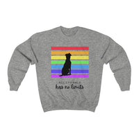 Acceptance Has No Limits Crew Sweatshirt - Grey crewneck sweatshirt with a black dog sitting in front of 7 horizontal lines  in the rainbow colors with the phrase Acceptance has not limits underneath. 