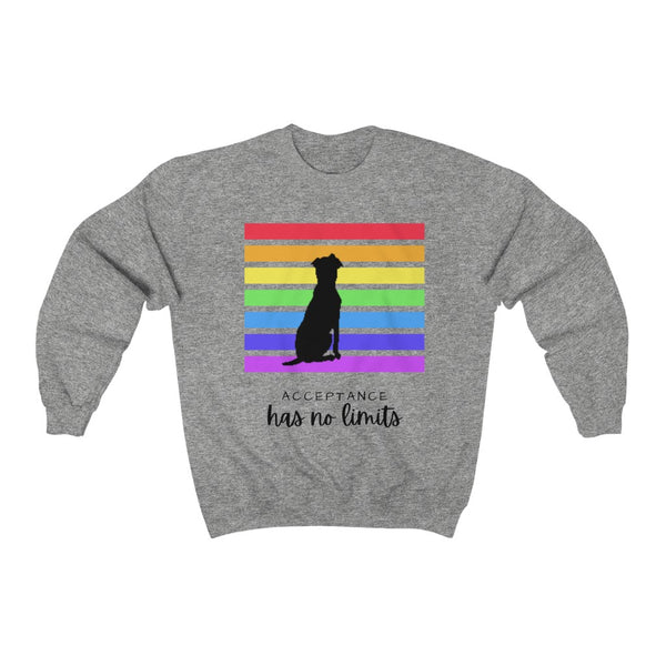 Acceptance Has No Limits Crew Sweatshirt - Grey crewneck sweatshirt with a black dog sitting in front of 7 horizontal lines  in the rainbow colors with the phrase Acceptance has not limits underneath. 