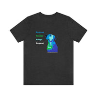 Blue Rescue, Foster, Adopt, Repeat Tee - Image of a dark grey heather short sleeve jersey t-shirt with a multi-colored dog (terrier/mutt) head and chest looking up next to words in colors that match the dog - Rescue (blue) Foster (green) Adopt (teal) Repeat (white) 