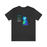 Blue Rescue, Foster, Adopt, Repeat Tee - Image of a dark grey heather short sleeve jersey t-shirt with a multi-colored dog (terrier/mutt) head and chest looking up next to words in colors that match the dog - Rescue (blue) Foster (green) Adopt (teal) Repeat (white) 