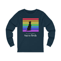 Acceptance Has No Limits Jersey Tee Navy blue long sleeve t-shirt  with a black dog sitting in front of 7 horizontal lines  in the rainbow colors with the phrase Acceptance has not limits underneath.
