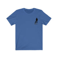 Best Friend Silhouette Blue Jersey Tee with a black silhouette of a dog sitting next to a guy standing with words Best Friend under the dog and guy. 