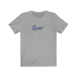 Love Script Paw Print Unisex Jersey Tee - Athletic heather t-shirt with the word Love! in white cursive script on the front of the shirt. The O from the word love is a royal blue paw print.