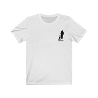 Best Friend Silhouette White Jersey Tee with a black silhouette of a dog sitting next to a guy standing with words Best Friend under the dog and guy. 