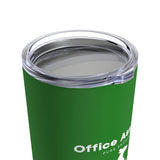 Office Assistant Pure Enthusiasm Insulated Tumbler - Image Description - Bright Green insulated tumbler with a close up of the clear cover lid partially showing  the header, "Office Assistant" and a sub header, "Pure Enthusiasm". Underneath the white header is a white silhouette of a dachshund jumping.