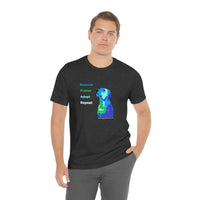 Blue Rescue, Foster, Adopt, Repeat Tee - Image male model wearing the dark grey heather short sleeve jersey t-shirt with a multi-colored dog (terrier/mutt) head and chest looking up next to words in colors that match the dog - Rescue (blue) Foster (green) Adopt (teal) Repeat (white) 