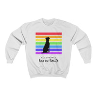 Acceptance Has No Limits Crew Sweatshirt - White crewneck sweatshirt with a black dog sitting in front of 7 horizontal lines in the rainbow colors with the phrase Acceptance has not limits underneath. 
