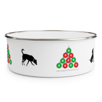 Sit Sniff Christmas Enamel Bowl - Image Description - White bowl with an image with a silhouette of  a black dog with a green collar sniffing the ground next to a pyramid of red and green ornaments  on the other side a partial image of a black dog sitting