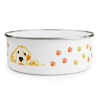 Golden Enamel Bowl – Image Description – On the left side of the white enamel bowl with a silver rim is the head and front paws of a resting golden retriever in yellow, orange and, white with black accents. To the right side are 2 and a half sets of orange and yellow paw prints angled up from bottom to top.