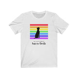 Acceptance Has No Limits Jersey Tee White t-shirt  with a black dog sitting in front of 7 horizontal lines  in the rainbow colors with the phrase Acceptance has not limits underneath.