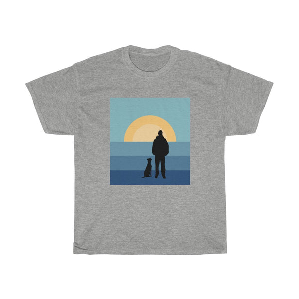Dog and His Guy Sunset Heavy Cotton Tee - Grey t-shirt with a sitting dog next to a guy looking out at a block blue and yellow sun rise