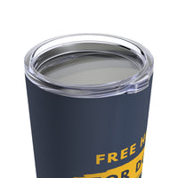 Free Hugs for Dogs 20 oz Tumbler - Close up image of the clear lid with Free H in yellow visible on a blue tumbler with a rough band of yellow and the letters R D visible in blue. 