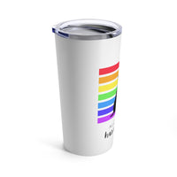 Acceptance Has No Limits white Insulated tumbler side view with the tail from a black dog sitting in front of 7 horizontal lines  in the rainbow colors  on a white background  with the clear travel mug lid on.