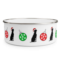 Holiday Santa Paws Enamel Bowl – Image Description – This white enamel bowl with a silver rim has our “guy and his dog” black silhouette wearing a red Santa hat sitting around the bowl alternating with bright red and bright green Christmas balls decorated with white paw prints. 