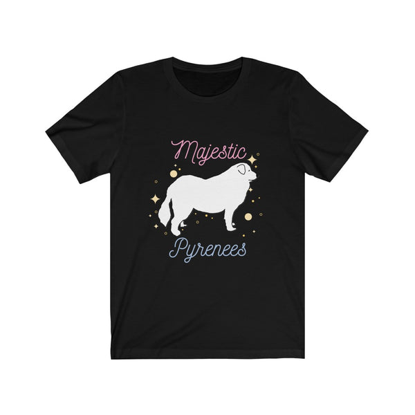 Majestic Pyrenees Jersey Tee - Image Description Black t-shirt with a white cartoon drawing of a Great Pyrenees standing with yellow circles and stars around the dog. The wording Majestic is pink and Pyrenees is a light blue.