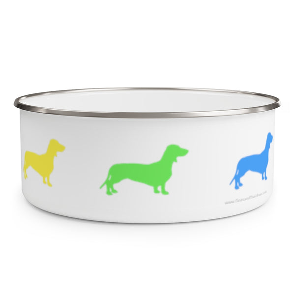 Dachshund Rainbow Enamel Bowl – Image Description – White enamel bowl with a silver rim displaying a yellow dachshund, green dachshund and a blue dachshund equally spaced around the side of the bowl. 