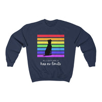 Acceptance Has No Limits Crew Sweatshirt - Navy crewneck sweatshirt with a black dog sitting in front of 7 horizontal lines  in the rainbow colors with the phrase Acceptance has not limits underneath. 