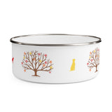 Autumn Is Calling Enamel Bowl - Image Description - White bowl with silver rim. The bowl shows autumn tree with red, orange and yellow paw prints as leaves with a yellow dog sitting between the trees.