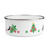  Tumbled Christmas Tree Enamel Bowl – Image Description – This white enamel bowl with a silver rim has a black silhouette of a dachshund dog jumping onto the green line drawn Christmas tree that is on its side with 3 red balls in disarray.  Beside this is another a green Christmas tree with red balls and a yellow star on top with 2 small green balls on each side of the tree.