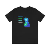 Blue Rescue, Foster, Adopt, Repeat Tee - Image of a Black short sleeve jersey t-shirt with a multi-colored dog (terrier/mutt) head and chest looking up next to words in colors that match the dog - Rescue (blue) Foster (green) Adopt (teal) Repeat (white)