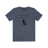 I'm Not Single I Have A Dog - Image Description - Heather Navy t-shirt with I'm Not Single, I have a dog in black text with a red paw print in place of the O in dog. Under the saying, a black silhouette of a woman standing next to a sitting boarder collie dog silhouette. 