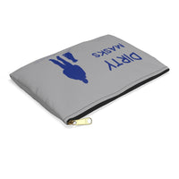 Best Friend Silhouette Dirty Mask Organizer - This light grey pouch is lying flat with the black zipper visible. The bag has the wording "Dirty Masks" blue with a blue silhouette of a dog sitting next to a guy standing.
