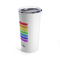 Acceptance Has No Limits white Insulated tumbler side view with 7 horizontal lines  in the rainbow colors  on a white background with the clear travel mug lid on.