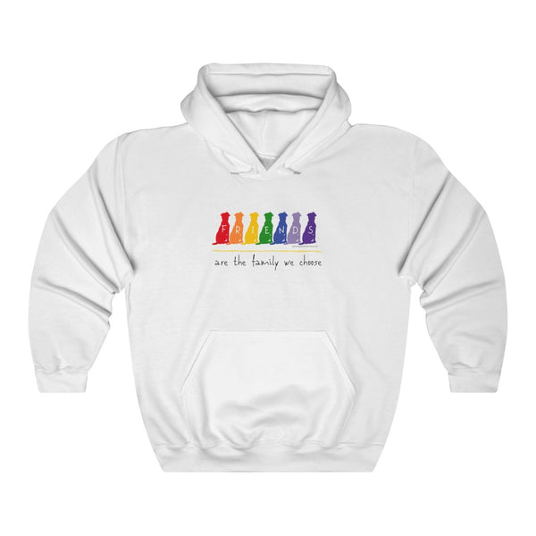 Friends are the Family we Choose Hooded Sweatshirt - Image Description - White hoodie sweatshirt with Friends written in the middle of 7 dogs in rainbow colors, with are the family we choose in black under the 7 dogs.