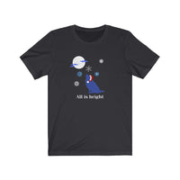 All is Bright Jersey Tee - Image Description - Black short sleeve shirt with bright blue dog wearing a Santa hat howling at the moon with snowflakes falling. The statement, "All is bright" under the image.