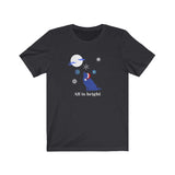All is Bright Jersey Tee - Image Description - Black short sleeve shirt with bright blue dog wearing a Santa hat howling at the moon with snowflakes falling. The statement, "All is bright" under the image.