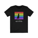 Acceptance Has No Limits Jersey Tee Black t-shirt  with a black dog sitting in front of 7 horizontal lines  in the rainbow colors with the phrase Acceptance has not limits underneath.