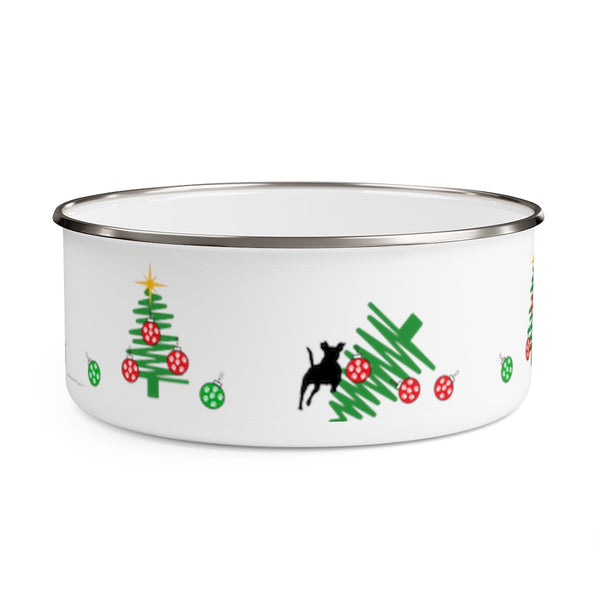Tumbled Christmas Tree Enamel Bowl – Image Description – This white enamel bowl with a silver rim has a line drawing of a green Christmas tree with red balls and a yellow star on top with 2 small green balls on each side of the tree. Next to this is an image of a black silhouette of a dog in motion running into a line drawn Christmas tree that is on its side with 3 red balls in disarray and a green ball at the edge of picture. 