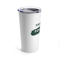 Free Hugs for Dogs 20 oz Tumbler - Side view of Free in green on a white tumbler with a rough band of green and the words For in white facing forward with the clear lid on.