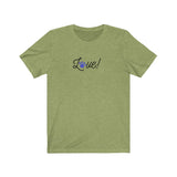 Love Script Paw Print Unisex Jersey Tee - Heather Green t-shirt with the word Love! in white cursive script on the front of the shirt. The O from the word love is a royal blue paw print.