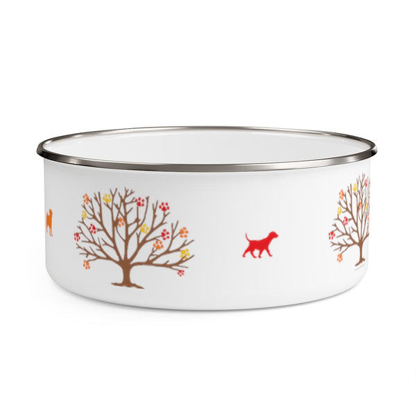 Autumn Is Calling Enamel Bowl - Image Description - White bowl with silver rim. The bowl shows autumn tree with red, orange and yellow paw prints as leaves with a red dog between the trees.